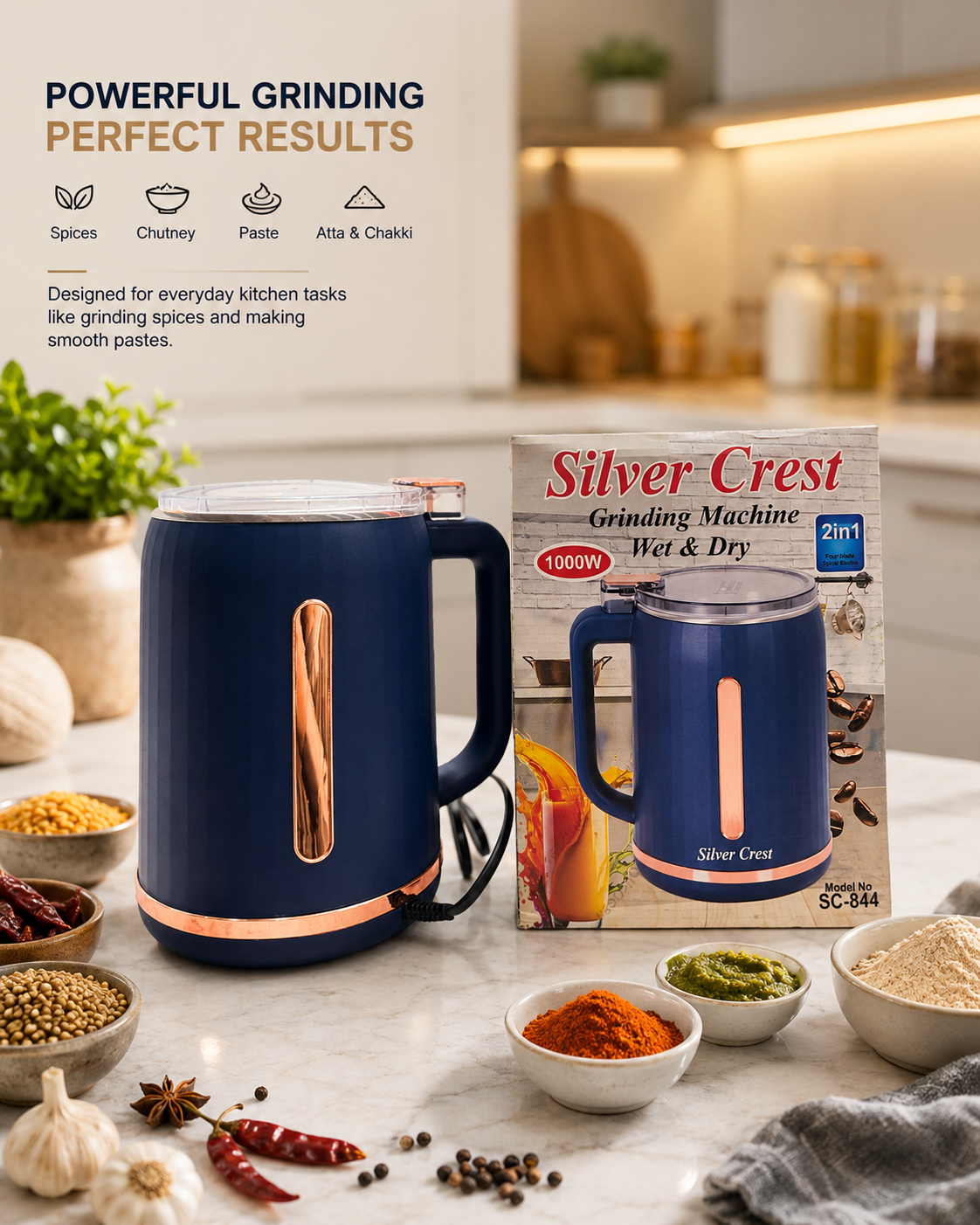 Silver Crest 8-Blade Wet & Dry Grinding Machine – Multi-Purpose Electric Food & Spice Grinder