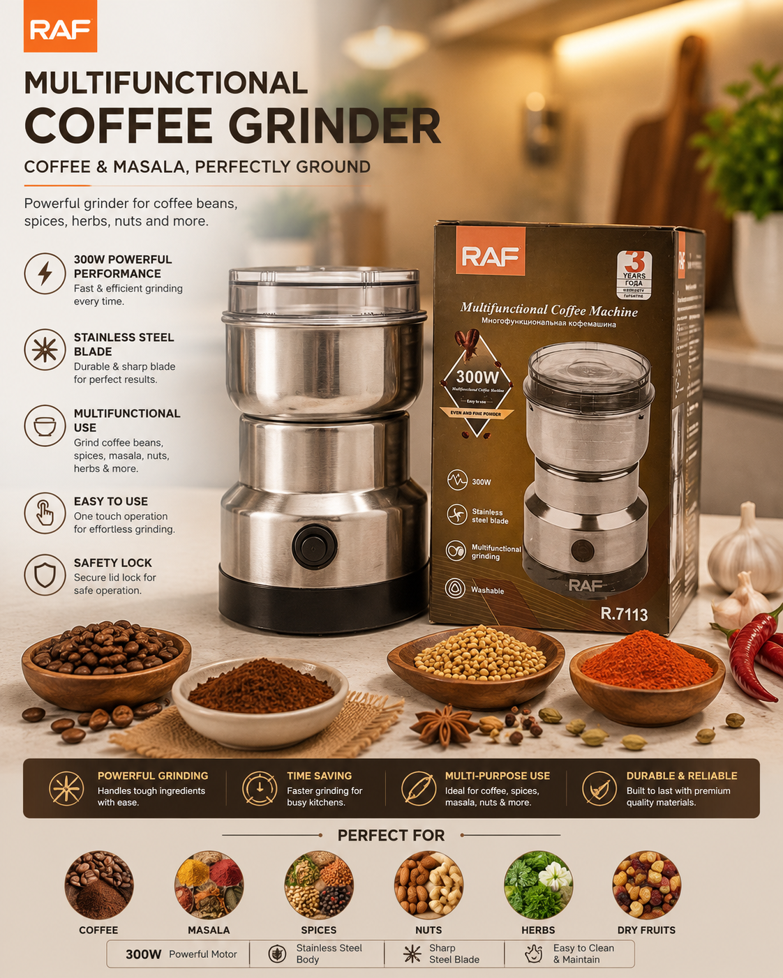 RAF Electric Coffee Grinder – Stainless Steel Multi-Purpose Coffee & Spice Grinder