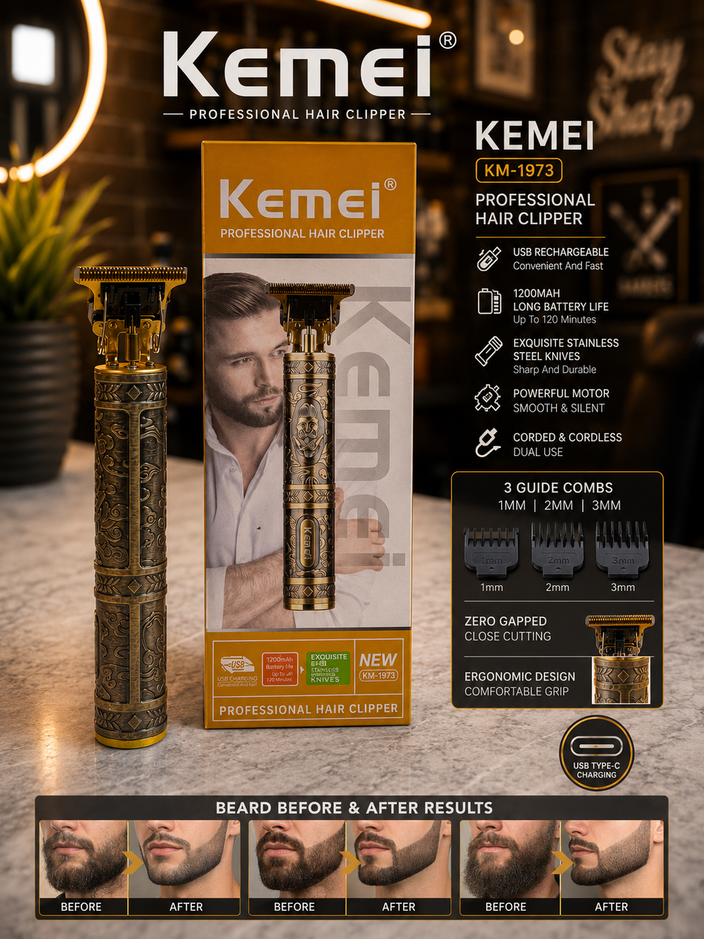 Kemei Rechargeable Hair & Beard Trimmer – Professional Cordless Grooming Kit