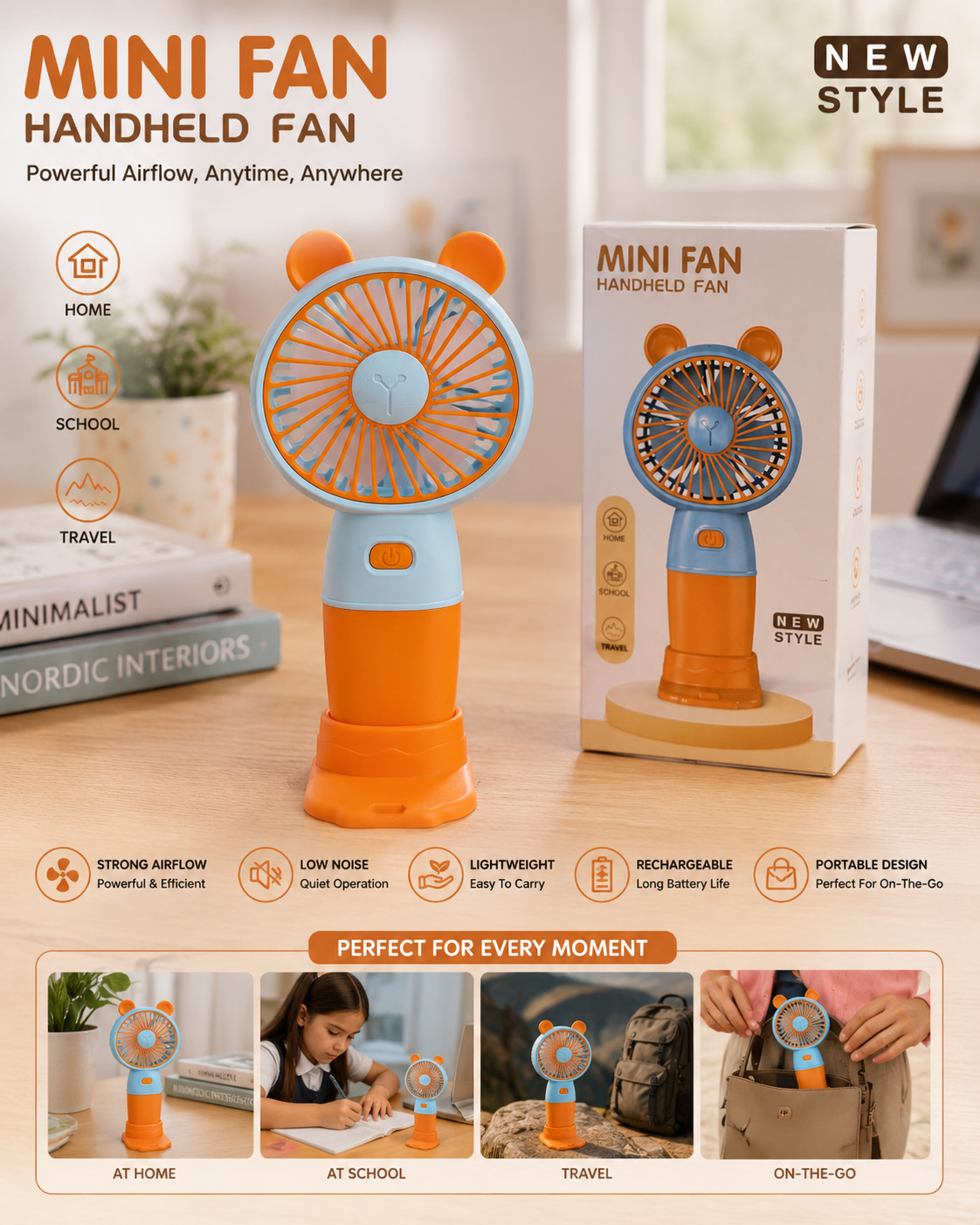 Mini Rechargeable Spray Fan – 3 Speed Portable USB Cooling Fan