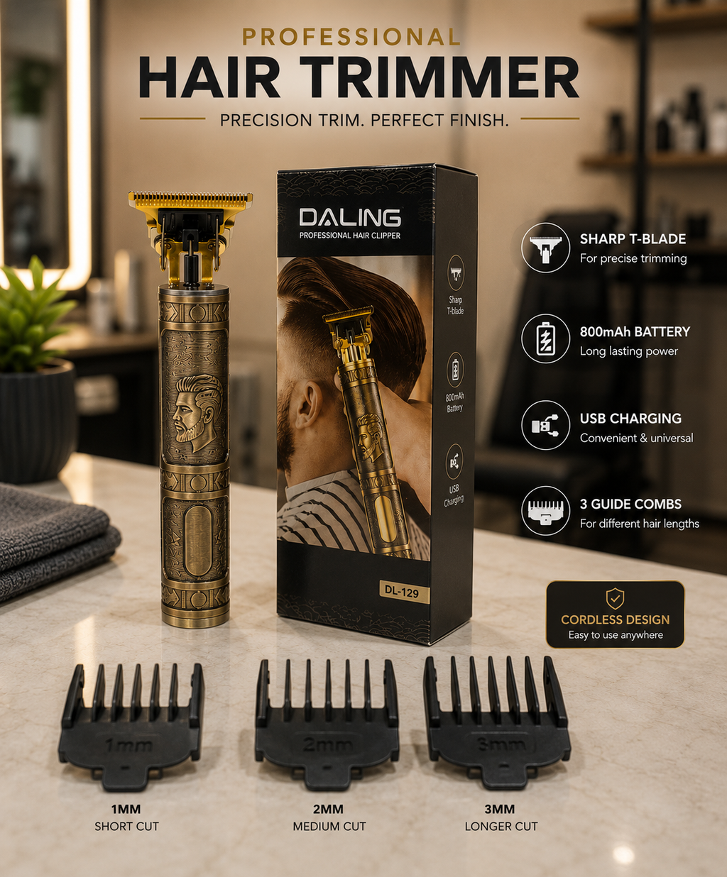 Daling Rechargeable Hair & Beard Trimmer – Professional Cordless Grooming Kit
