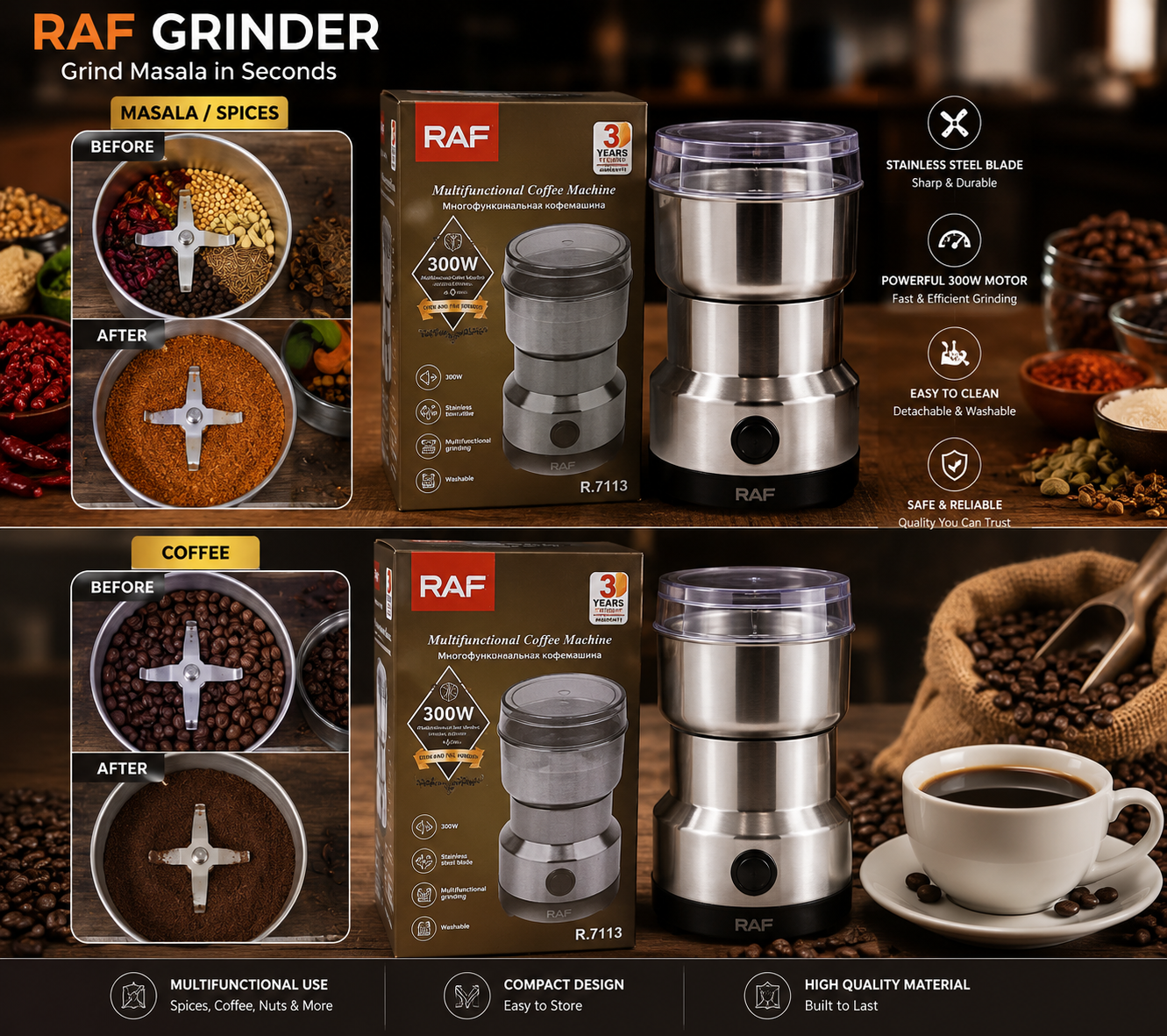 RAF Electric Coffee Grinder – Stainless Steel Multi-Purpose Coffee & Spice Grinder