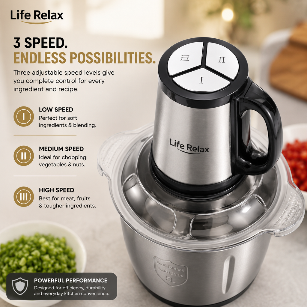 Life Relax 5L Electric Multifunctional Chopper – Stainless Steel Bowl Food Processor