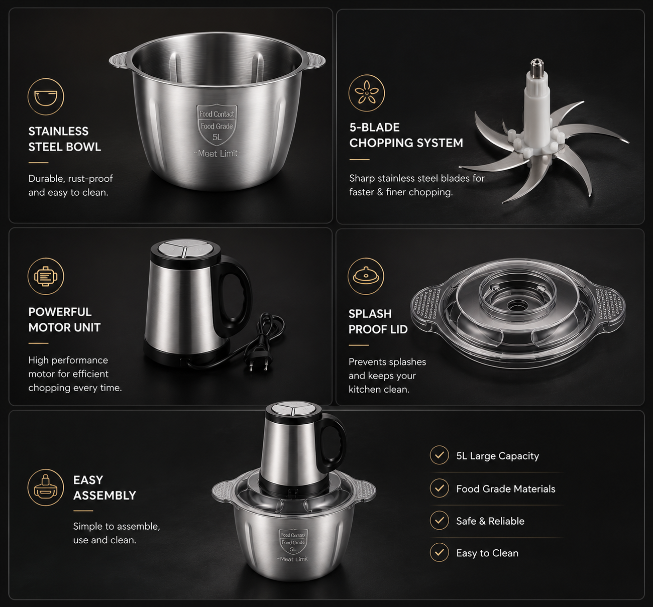 Life Relax 5L Electric Multifunctional Chopper – Stainless Steel Bowl Food Processor