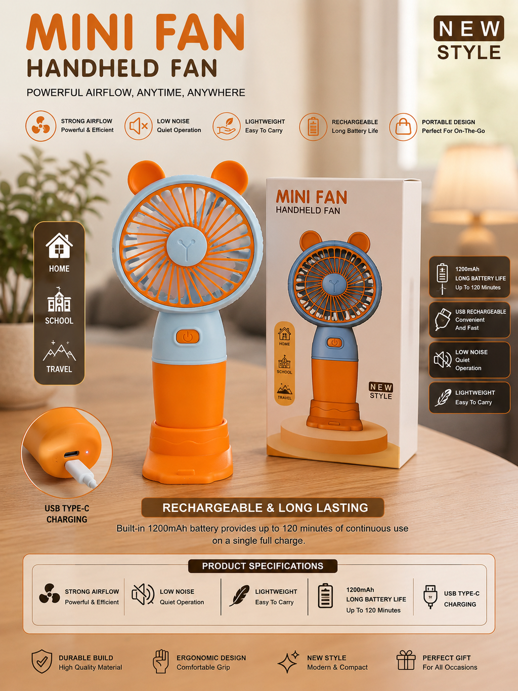 Mini Rechargeable Spray Fan – 3 Speed Portable USB Cooling Fan