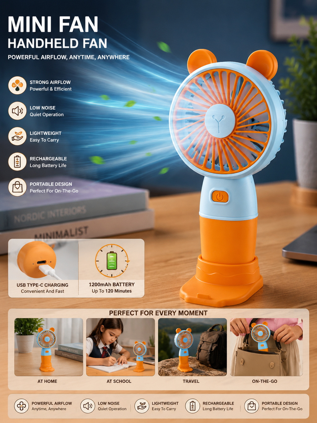 Mini Rechargeable Spray Fan – 3 Speed Portable USB Cooling Fan