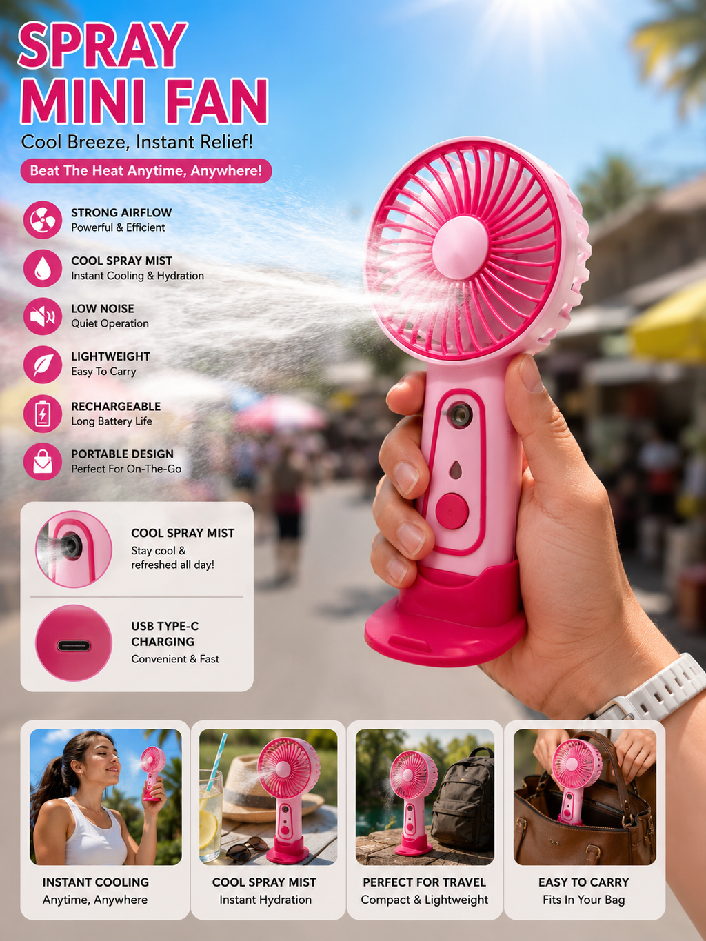 Mini Rechargeable Spray Fan – Portable USB Cooling Mist Fan